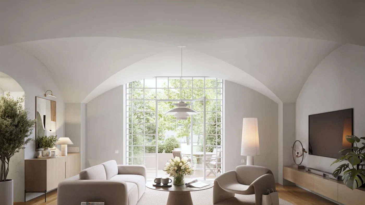 Wohnzimmer einer sanierten Eigentumswohnung als Kapitalanlage